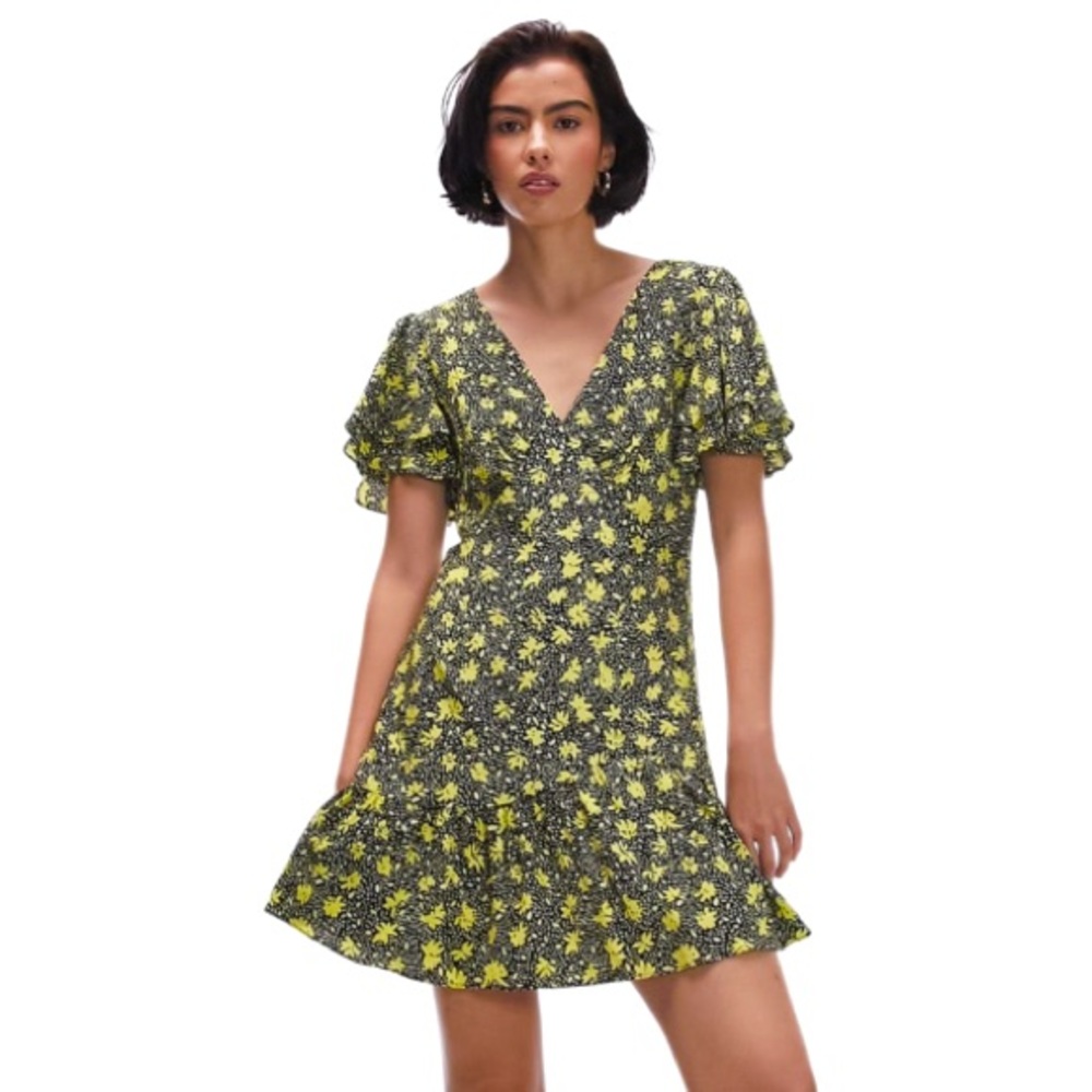 TOPSHOP Black & Yellow Bella Floral V-Neck Tiered Flutter Sleeve Mini Dress